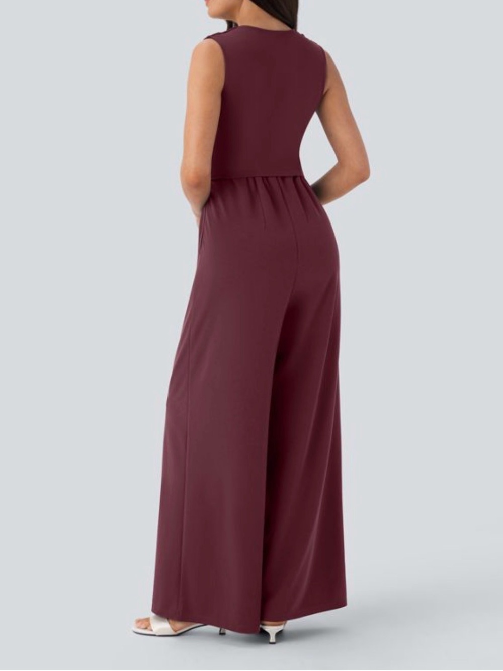 Halara Burgundy V Neck Sleeveless Ruched Pocket Jumpsuit-Easy Peezy Size M New - Picture 2 of 13